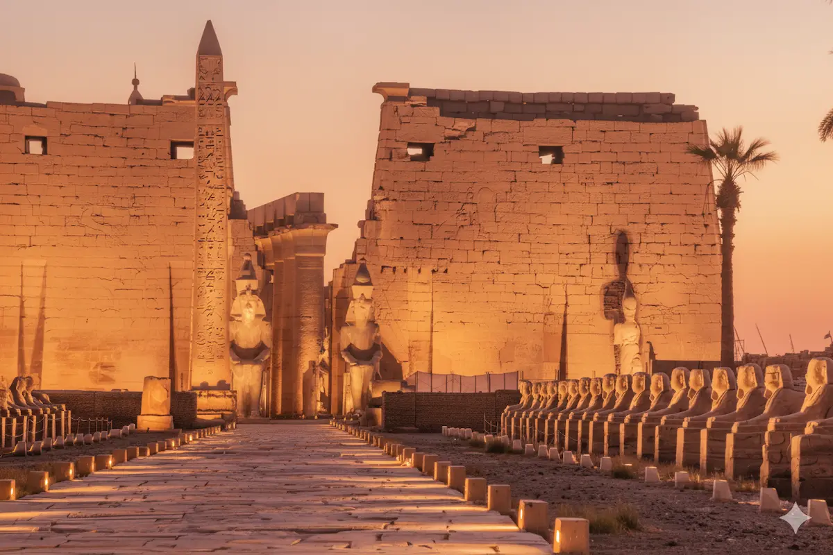 Entrance of Luxor Temple at sunset with illuminated statues.